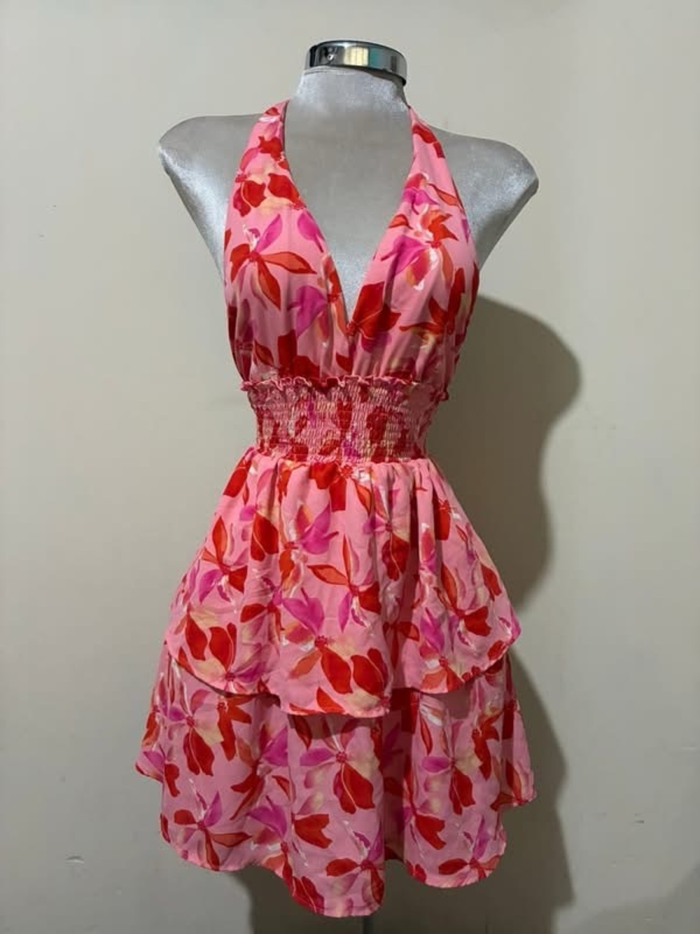 NYC Pink and Red Halter Smocked Floral Mini Dress